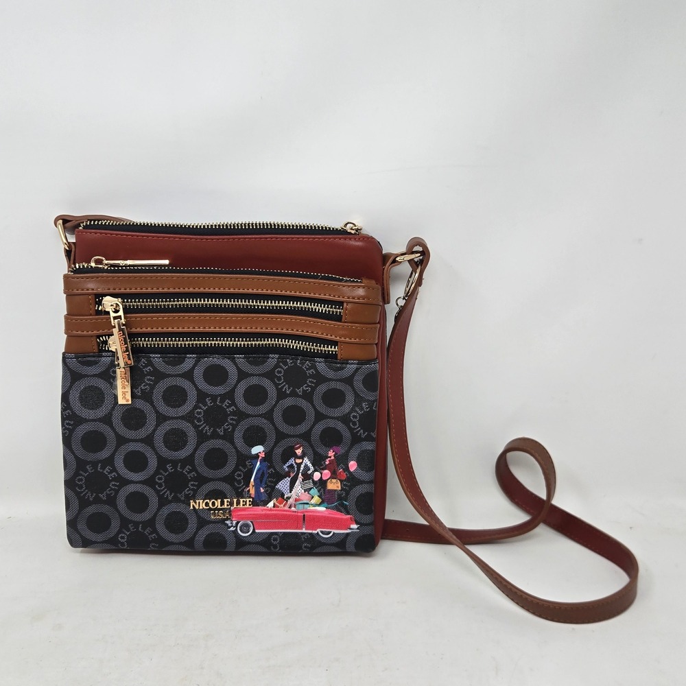 Nicole Lee Bandolera Small World USA Crossbody Bag Convertible Graphic Multi-Zip